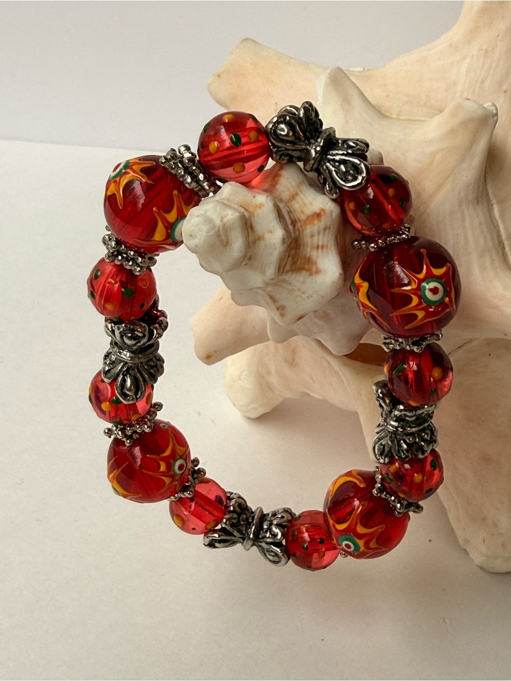 Red Glass Bead Stretch Bracelet with Silver Accents